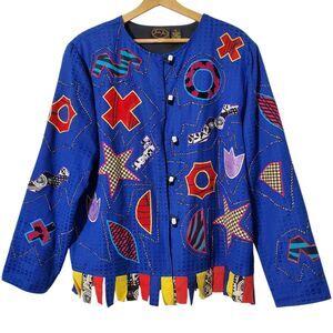 Vintage Julia Kim Patchwork Colorful Jacket L 80s Popart Shapes Textures Teacher
